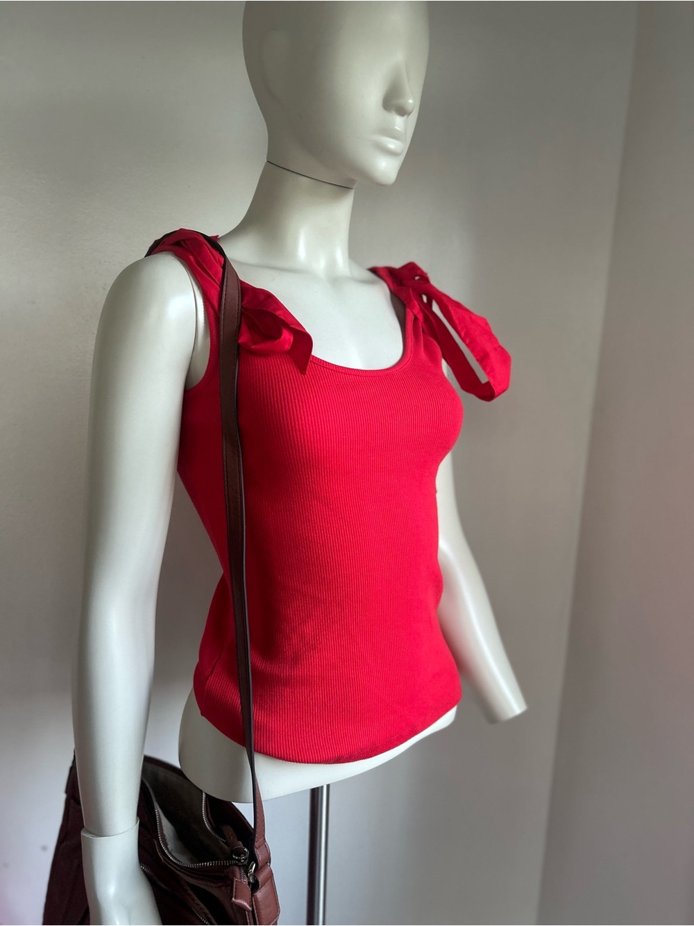 French Connection Bright Red Tie-Shoulder Ribbed Tank xs new